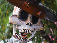 A cardboard skull is seen during the ''Tecuan Tlaloc'' exhibition, a project of The Jaen Cartoneria collective, in honor of the God Tlaloc a...