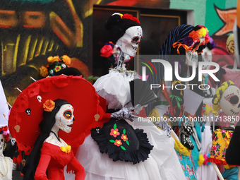 Cardboard skulls are seen during the ''Tecuan Tlaloc'' exhibition, a project of The Jaen Cartoneria collective, in honor of the God Tlaloc a...