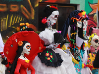 Cardboard skulls are seen during the ''Tecuan Tlaloc'' exhibition, a project of The Jaen Cartoneria collective, in honor of the God Tlaloc a...