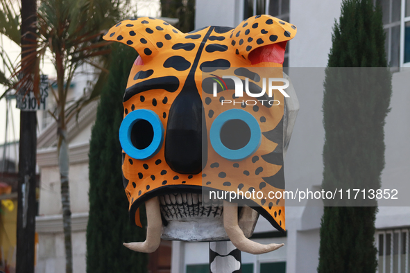 A cardboard skull is seen during the ''Tecuan Tlaloc'' exhibition, a project of The Jaen Cartoneria collective, in honor of the God Tlaloc a...