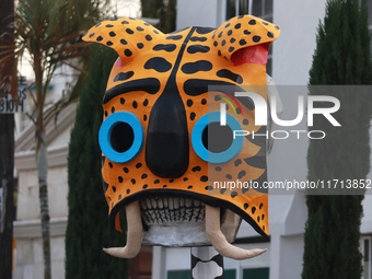 A cardboard skull is seen during the ''Tecuan Tlaloc'' exhibition, a project of The Jaen Cartoneria collective, in honor of the God Tlaloc a...