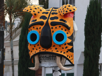 A cardboard skull is seen during the ''Tecuan Tlaloc'' exhibition, a project of The Jaen Cartoneria collective, in honor of the God Tlaloc a...