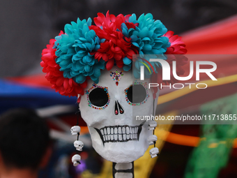 A cardboard skull is seen during the ''Tecuan Tlaloc'' exhibition, a project of The Jaen Cartoneria collective, in honor of the God Tlaloc a...