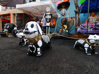 Cardboard skulls are seen during the ''Tecuan Tlaloc'' exhibition, a project of The Jaen Cartoneria collective, in honor of the God Tlaloc a...