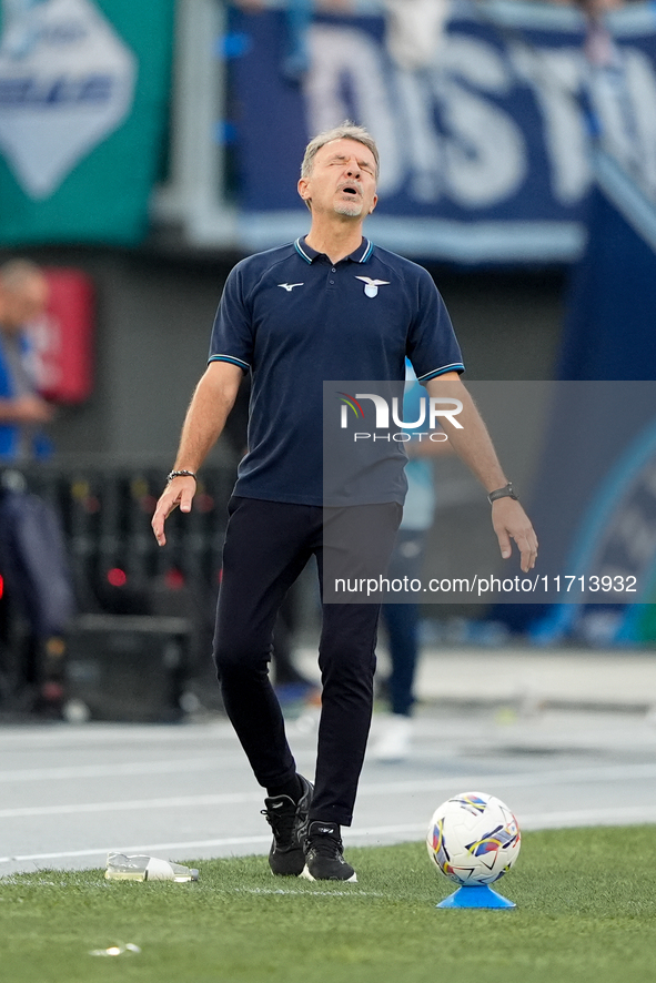 Marco Baroni head coach of SS Lazio yells during the Serie A Enilive match between SS Lazio and Genoa CF at Stadio Olimpico on October 27, 2...