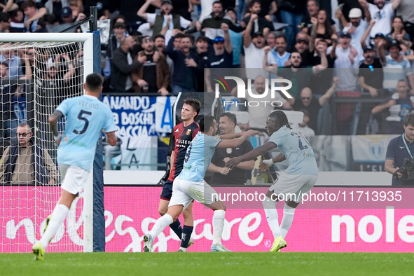 Pedro of SS Lazio celebrates after scoring second goal during the Serie A Enilive match between SS Lazio and Genoa CF at Stadio Olimpico on...