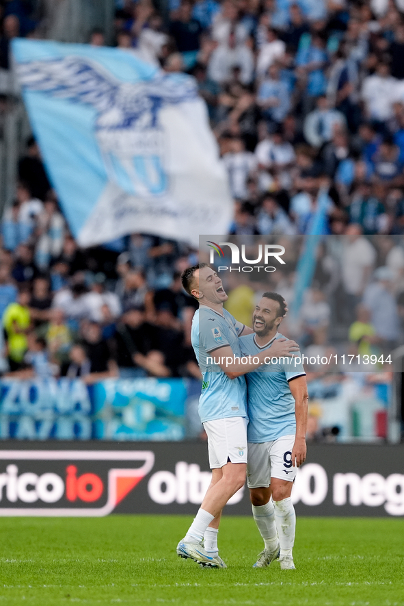 Pedro of SS Lazio celebrates with Gil Patric after scoring second goal during the Serie A Enilive match between SS Lazio and Genoa CF at Sta...