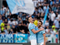 Pedro of SS Lazio celebrates with Gil Patric after scoring second goal during the Serie A Enilive match between SS Lazio and Genoa CF at Sta...