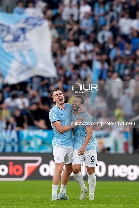 Pedro of SS Lazio celebrates with Gil Patric after scoring second goal during the Serie A Enilive match between SS Lazio and Genoa CF at Sta...