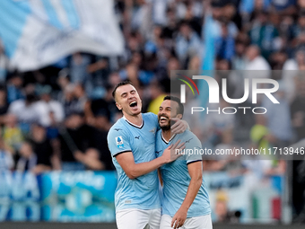 Pedro of SS Lazio celebrates with Gil Patric after scoring second goal during the Serie A Enilive match between SS Lazio and Genoa CF at Sta...