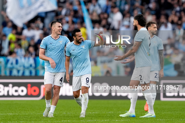 Pedro of SS Lazio celebrates after scoring second goal during the Serie A Enilive match between SS Lazio and Genoa CF at Stadio Olimpico on...