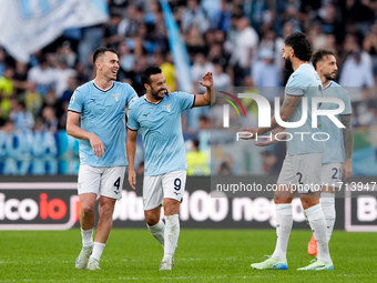 Pedro of SS Lazio celebrates after scoring second goal during the Serie A Enilive match between SS Lazio and Genoa CF at Stadio Olimpico on...