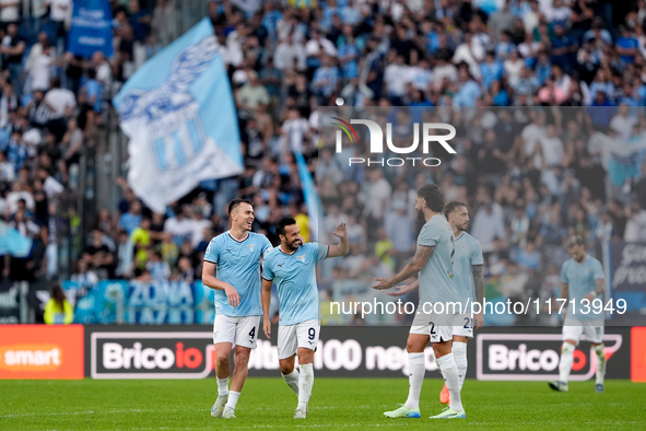 Pedro of SS Lazio celebrates after scoring second goal during the Serie A Enilive match between SS Lazio and Genoa CF at Stadio Olimpico on...