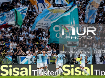 Matias Vecino of SS Lazio celebrates after scoring third goal during the Serie A Enilive match between SS Lazio and Genoa CF at Stadio Olimp...