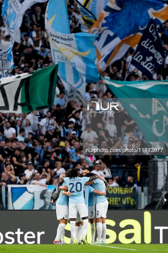 Matias Vecino of SS Lazio celebrates after scoring third goal during the Serie A Enilive match between SS Lazio and Genoa CF at Stadio Olimp...