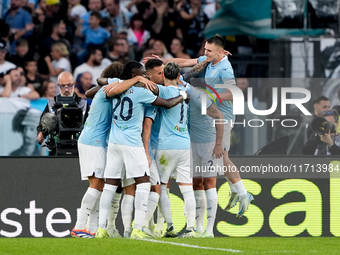 Matias Vecino of SS Lazio celebrates after scoring third goal during the Serie A Enilive match between SS Lazio and Genoa CF at Stadio Olimp...