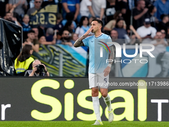 Matias Vecino of SS Lazio celebrates after scoring third goal during the Serie A Enilive match between SS Lazio and Genoa CF at Stadio Olimp...