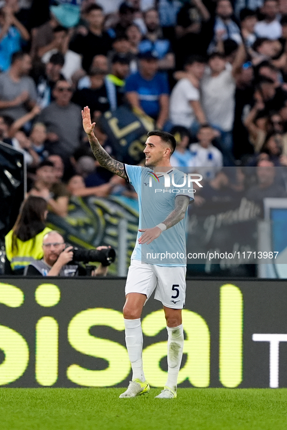 Matias Vecino of SS Lazio celebrates after scoring third goal during the Serie A Enilive match between SS Lazio and Genoa CF at Stadio Olimp...