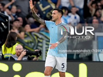 Matias Vecino of SS Lazio celebrates after scoring third goal during the Serie A Enilive match between SS Lazio and Genoa CF at Stadio Olimp...