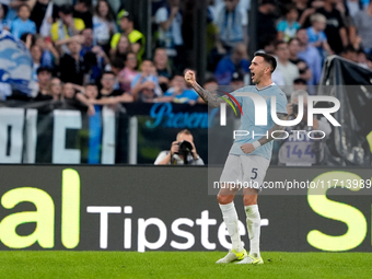 Matias Vecino of SS Lazio celebrates after scoring third goal during the Serie A Enilive match between SS Lazio and Genoa CF at Stadio Olimp...