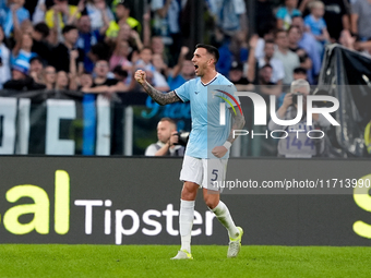 Matias Vecino of SS Lazio celebrates after scoring third goal during the Serie A Enilive match between SS Lazio and Genoa CF at Stadio Olimp...