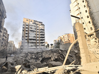 Damage occurs at the site of overnight Israeli airstrikes that target Beirut's southern suburb of Hadath in Beirut, Lebanon, on October 27,...