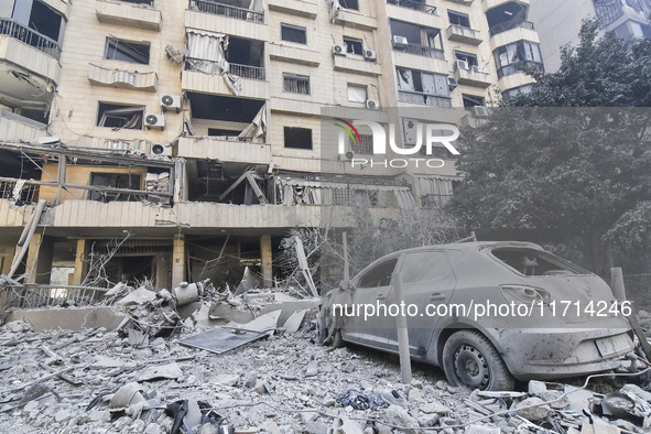 Damage occurs at the site of overnight Israeli airstrikes that target Beirut's southern suburb of Hadath in Beirut, Lebanon, on October 27,...