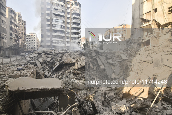 Damage occurs at the site of overnight Israeli airstrikes that target Beirut's southern suburb of Hadath in Beirut, Lebanon, on October 27,...