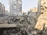 Damage occurs at the site of overnight Israeli airstrikes that target Beirut's southern suburb of Hadath in Beirut, Lebanon, on October 27,...