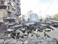 Damage occurs at the site of overnight Israeli airstrikes that target Beirut's southern suburb of Hadath in Beirut, Lebanon, on October 27,...