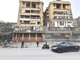 Damage occurs at the site of overnight Israeli airstrikes that target Beirut's southern suburb of Hadath in Beirut, Lebanon, on October 27,...