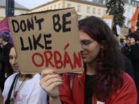 A demonstrator holds a sign that reads ''Do not be like Orban'' during a rally against the Polish Prime Minister Donald Tusk's decision to s...