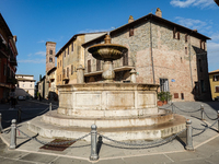 A view of Consuls Square (Piazza dei Consoli) is seen in Deruta, Italy, on October 22nd, 2024. Deruta is the city par excellence of the arti...