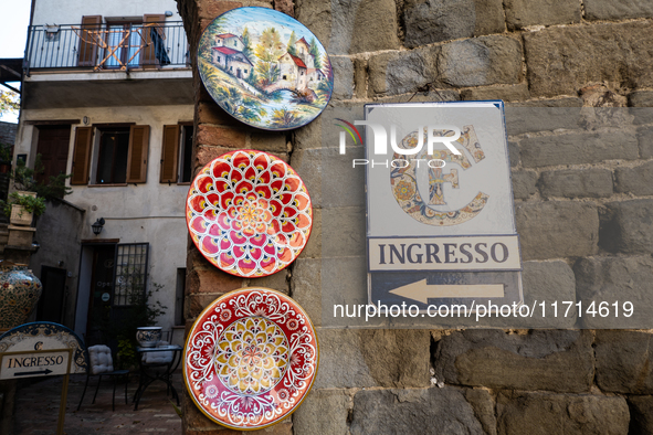 Ceramic decorated objects are displayed outside a shop in Deruta, Italy, on October 22nd, 2024. Deruta is the city par excellence of the art...