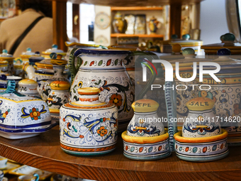 Ceramic decorated objects are displayed in a shop in Deruta, Italy, on October 22nd, 2024. Deruta is the city par excellence of the artistic...