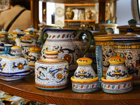 Ceramic decorated objects are displayed in a shop in Deruta, Italy, on October 22nd, 2024. Deruta is the city par excellence of the artistic...