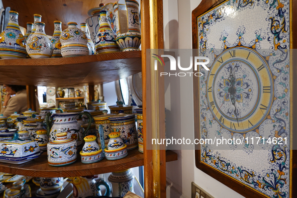 Ceramic decorated objects displayed in a shop are seen in Deruta, Italy, on October 22nd, 2024. Deruta is the city par excellence of the art...