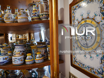 Ceramic decorated objects displayed in a shop are seen in Deruta, Italy, on October 22nd, 2024. Deruta is the city par excellence of the art...