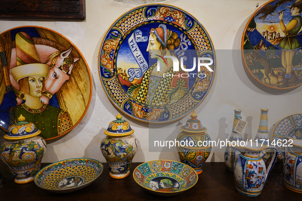 Ceramic decorated objects displayed in a shop are seen in Deruta, Italy, on October 22nd, 2024. Deruta is the city par excellence of the art...