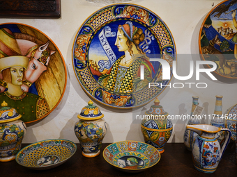 Ceramic decorated objects displayed in a shop are seen in Deruta, Italy, on October 22nd, 2024. Deruta is the city par excellence of the art...