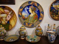 Ceramic decorated objects displayed in a shop are seen in Deruta, Italy, on October 22nd, 2024. Deruta is the city par excellence of the art...