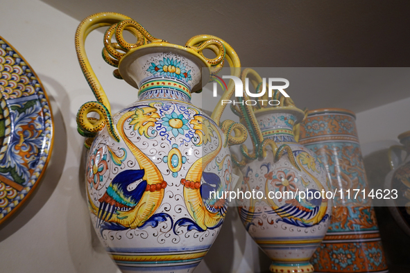 Ceramic decorated objects displayed in a shop are seen in Deruta, Italy, on October 22nd, 2024. Deruta is the city par excellence of the art...