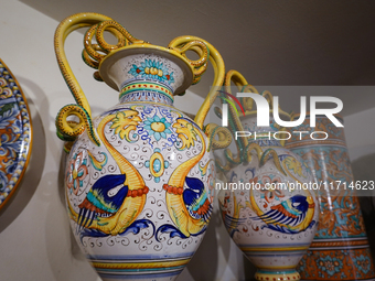 Ceramic decorated objects displayed in a shop are seen in Deruta, Italy, on October 22nd, 2024. Deruta is the city par excellence of the art...