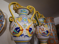 Ceramic decorated objects displayed in a shop are seen in Deruta, Italy, on October 22nd, 2024. Deruta is the city par excellence of the art...