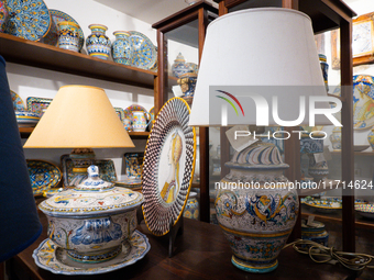 Ceramic decorated objects displayed in a shop are seen in Deruta, Italy, on October 22nd, 2024. Deruta is the city par excellence of the art...