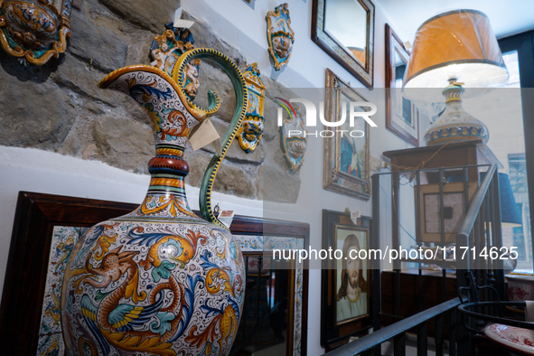 Ceramic decorated objects displayed in a shop are seen in Deruta, Italy, on October 22nd, 2024. Deruta is the city par excellence of the art...