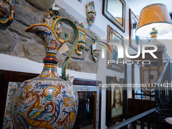 Ceramic decorated objects displayed in a shop are seen in Deruta, Italy, on October 22nd, 2024. Deruta is the city par excellence of the art...