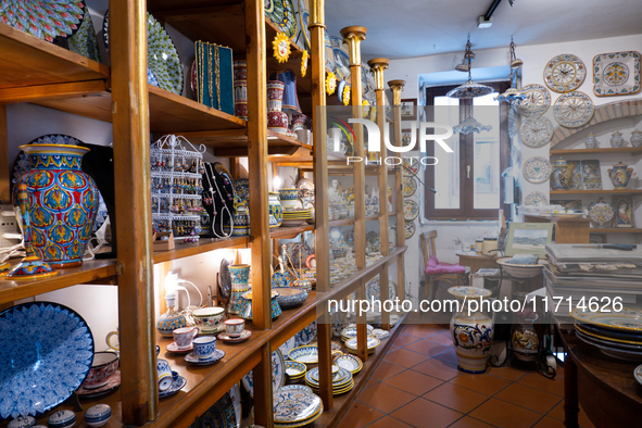 Ceramic decorated objects displayed in a shop are seen in Deruta, Italy, on October 22nd, 2024. Deruta is the city par excellence of the art...