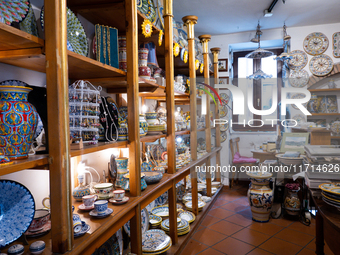 Ceramic decorated objects displayed in a shop are seen in Deruta, Italy, on October 22nd, 2024. Deruta is the city par excellence of the art...