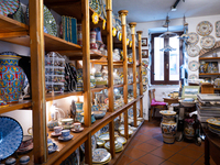 Ceramic decorated objects displayed in a shop are seen in Deruta, Italy, on October 22nd, 2024. Deruta is the city par excellence of the art...